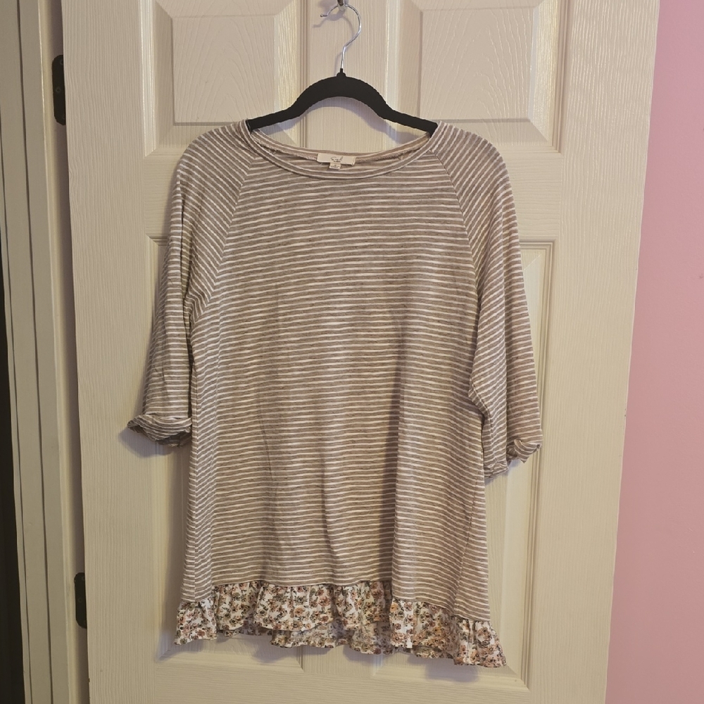 Easel Beige Striped‎ Top with Floral Trim